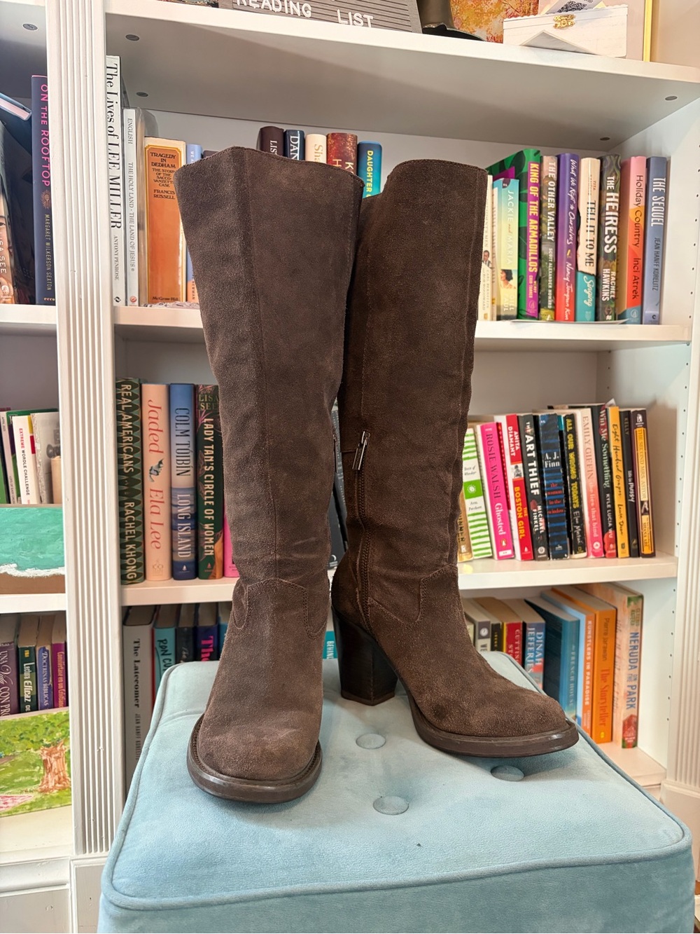Brown Suede Knee-High Block Heel Boots